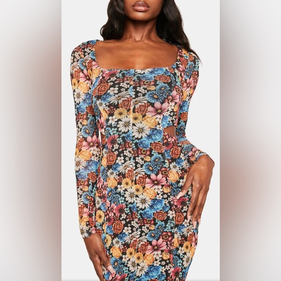 AFRM Bohemian Women’s Multicolor Floral Mesh Midi Body-con Cut Out Dress S - Picture 3 of 16